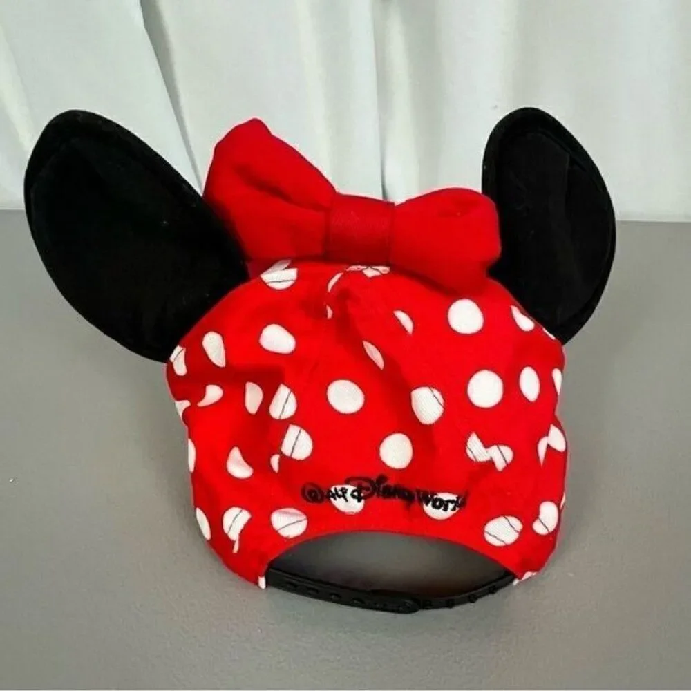 DISNEY PARKS MINNIE MOUSE HAT RED BLACK AND WHITE DOTS GIRLS. EARS AND BOW